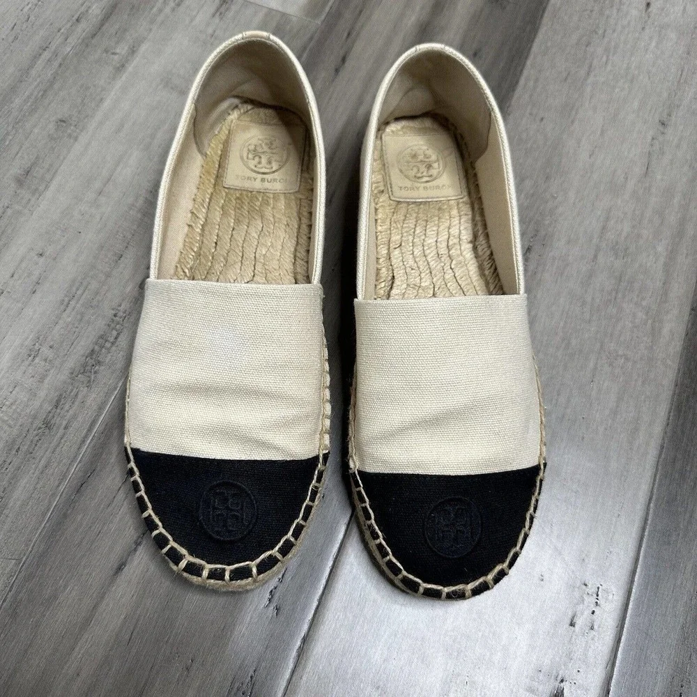 Tory Burch Cap Toe Colorblock Espadrilles Flats Cream & Black Size 9